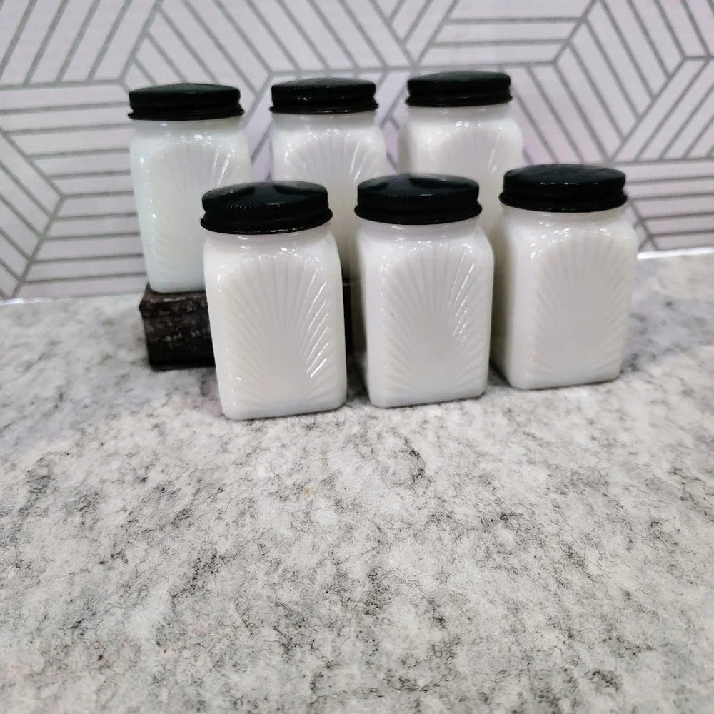 Vintage Art Deco Milk Glass Spice Jar Set 6pc Sunburst White Dark Green Lids